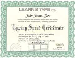 Professionally Printed Typing Certificate